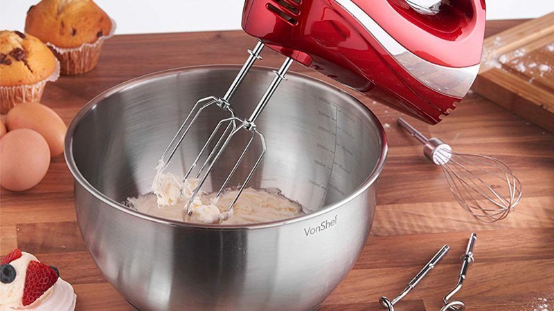 mixing cake batter with hand blender