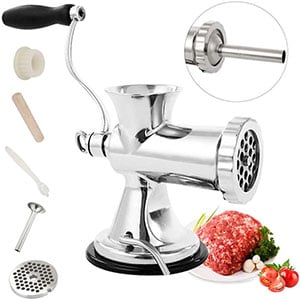 huanyu manual meat grinder stainless steel hand meat sausage stuffer manual meat grinding machin sausage filler filling machine for pork, beef fish chicken pepper mushrooms ect(with one samll enema)